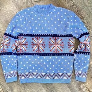 Vintage Women’s Blue Wool Blend Nordic Sweater S / M Medium Snowflakes 80s Snow